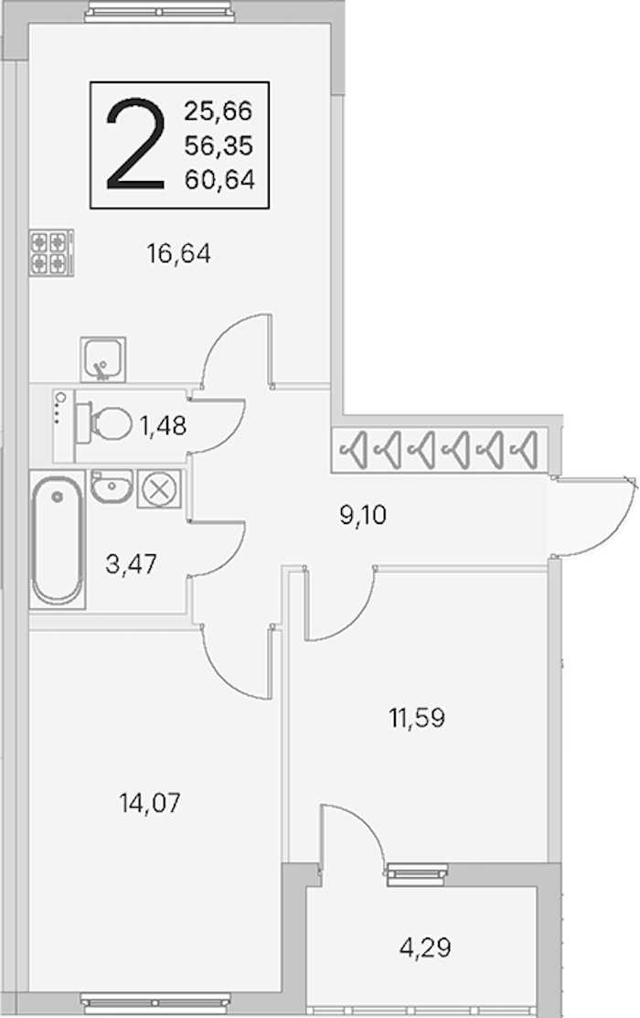 2-комнатная квартира 56.35 м², 2/4 эт., ЖК «Любоград в Стрельне»